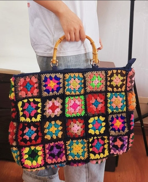 Granny Square Tote Bag Handmade Crochet Multi Color Big Purse Large Boho Handbag Bamboo Handle Hand Knitted Zipper Closure 16.5" x 12.5"