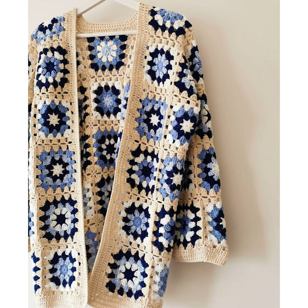 Granny Square Cardigan Beige Navy And Light Blue Hand Crocheted Sweater Coat Handmade Hand Knitted Crochet Jacket One Size