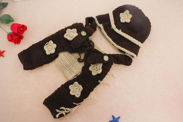 Baby Cowboy Newborn Photography Props Hand Knitted Hat Pants And Suspenders Set Cute Baby's Photo