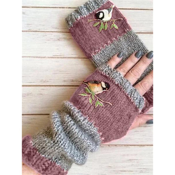 Fingerless Gloves With Embroidered Birds In 6 Different Colors You Choose Texting Mittens Spring Green Black Red Lavender Navy Blue Or Brown