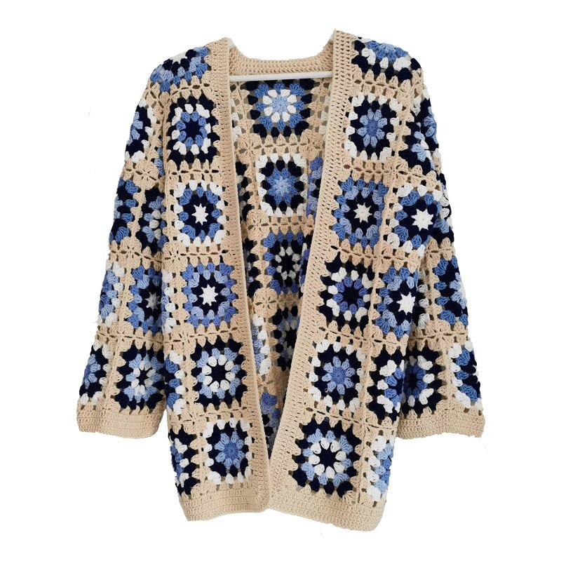 Granny Square Cardigan Beige Navy And Light Blue Hand Crocheted Sweater Coat Handmade Hand Knitted Crochet Jacket One Size