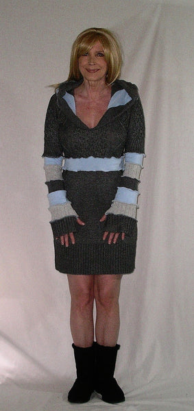 Stormy Skies Elf Hoodie Dress Blue Gray Charcoal Fairy Tunic Cable Knit Cozy Soft Pixie Mini Bell Sleeves Size Medium