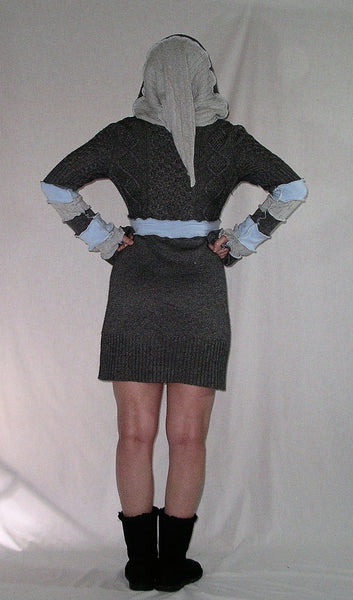 Stormy Skies Elf Hoodie Dress Blue Gray Charcoal Fairy Tunic Cable Knit Cozy Soft Pixie Mini Bell Sleeves Size Medium