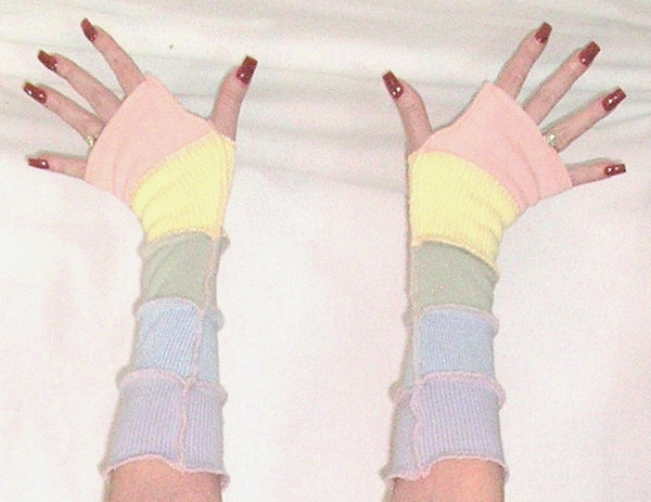 Arm Warmers "Pastel Pleasure" Fingerless Gloves Recycled Upcycled Sweater Patchwork Warmies Baby Blue Baby Yellow Icy Pink Fresh Mint Yummy