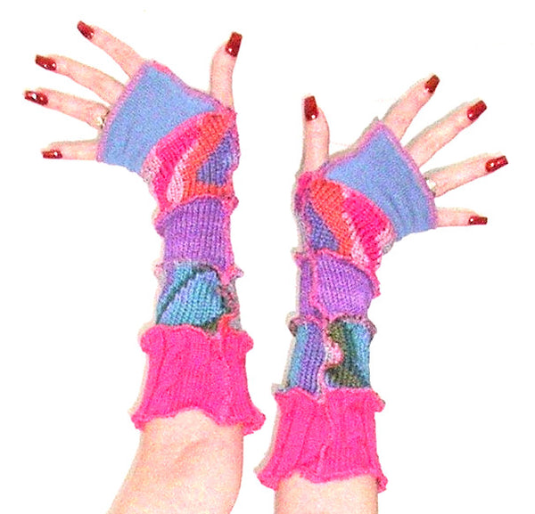 Arm Warmers "Hot Pink Dream" Light Purple Cornflower Blue Orange Green Wearable Art Made From Recycled Sweaters