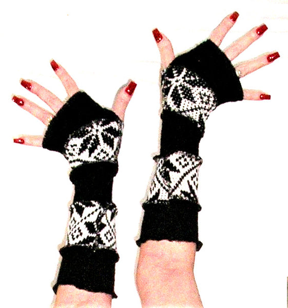 Arm Warmers "Midnight Snow" Black And White Recycled Snowflake Sweaters Patchwork Thumb Holes Fingerless Texting Gloves