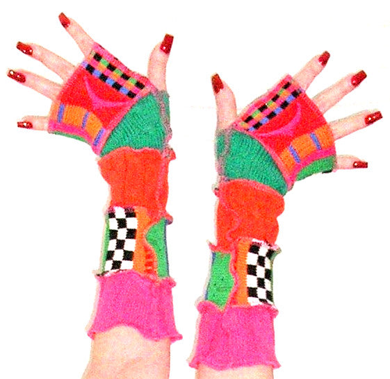 Arm Warmers "Carnival" Bright Neon Colors Orange Green Hot Pink Blue Cable Knit Race Flag Checkered Artist Made Fingerless Gloves Recycled Sweaters Help Save The Planet