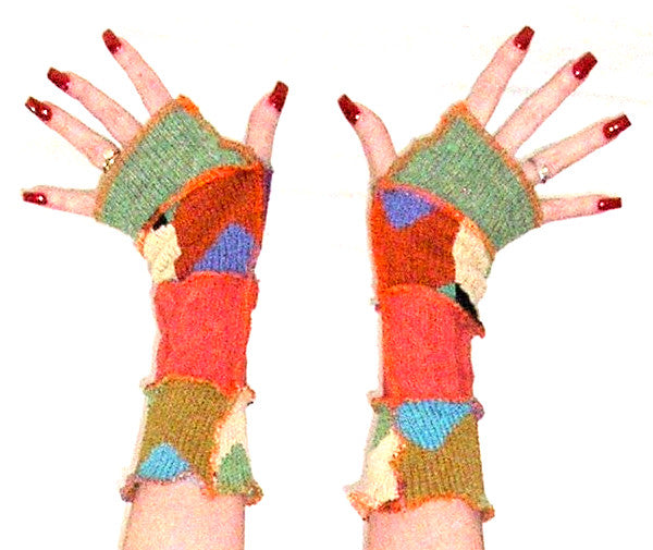 Arm Warmers "Cornucopia" Recycled Sweater Fingerless Gloves Fall Autumn Colors Olive Green Burnt Orange Teal Brown Tan Wrist Warmers With Thumb Holes Harvest Hay Ride Colors