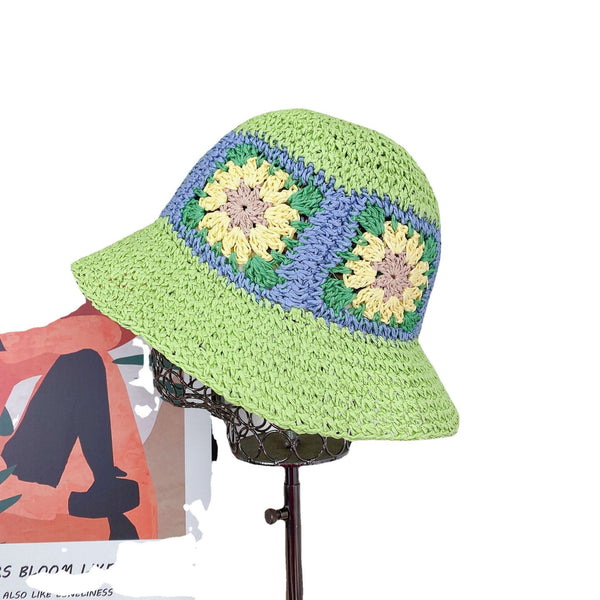 Granny Square Bucket Hat 6 Different Colors You Choose Handmade Crochet Woven Straw Boho Beach Cap Sun Protection