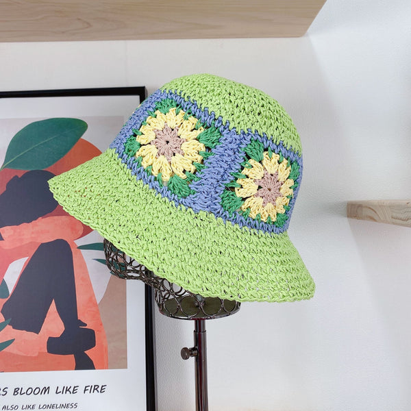 Granny Square Bucket Hat 6 Different Colors You Choose Handmade Crochet Woven Straw Boho Beach Cap Sun Protection