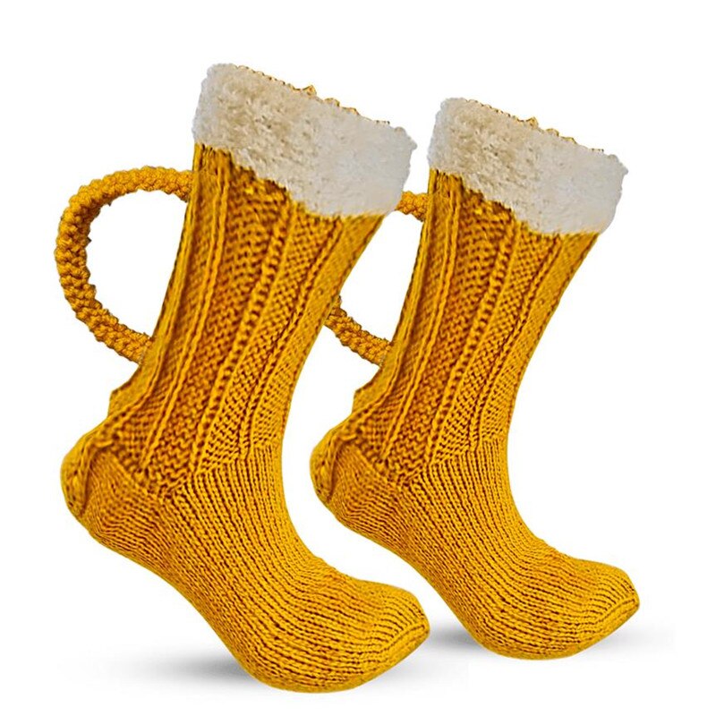 Beer Mug Socks Funny Hand Knitted Novelty House Shoes For Men Thick Warm Cotton Winter Feet Warmers Unisex