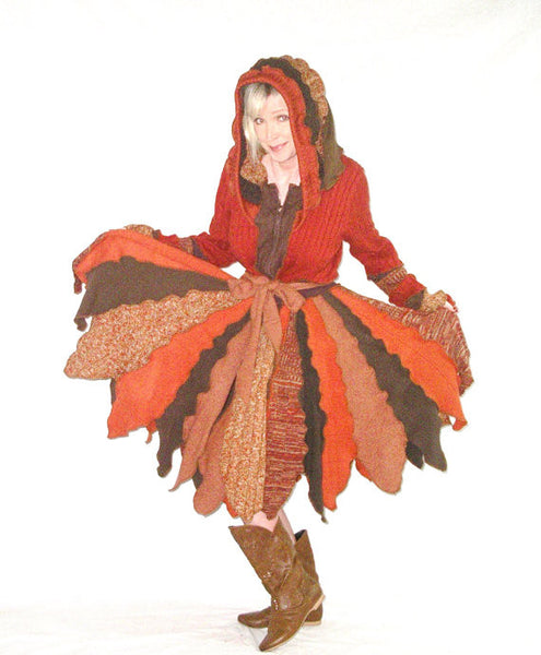Elf Coat "Acorn Squash" Size Medium Pixie Flower Petal Hoodie Recycled Sweater Duster Fall Autumn Leaves Harvest Orange Brown Hooded Jacket