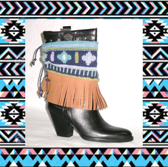 Aztec Boot Wraps Cuffs With Genuine Leather Fringe Navy Southwestern Print Boot Wraps Toppers Recycled Sweaters Navy Olive Green Lavender