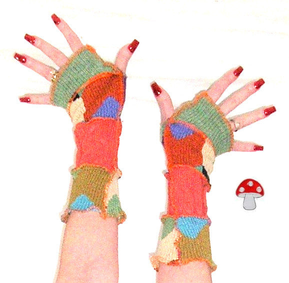 Arm Warmers "Cornucopia" Recycled Sweater Fingerless Gloves Fall Autumn Colors Olive Green Burnt Orange Teal Brown Tan Wrist Warmers With Thumb Holes Harvest Hay Ride Colors