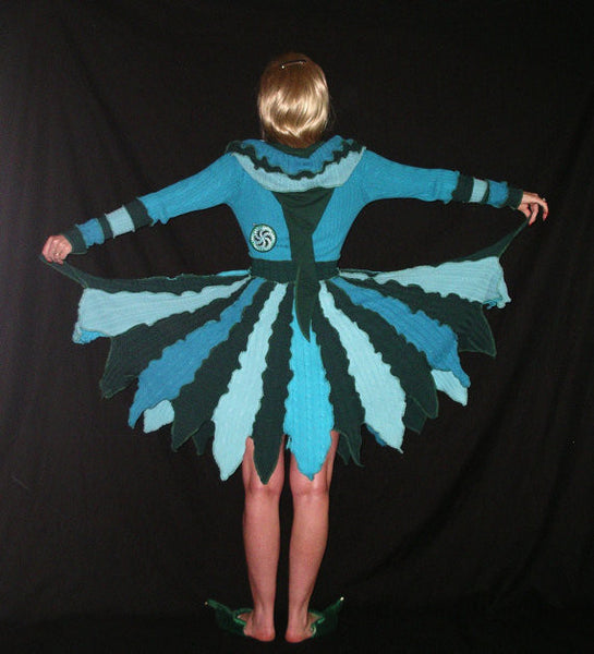 Elf Coat "Crop Circles" Size XXS Pixie Flower Petal Jacket Recycled Sweater Duster Extra Extra Small Blue Green Fairy Dress Sacred Geometry