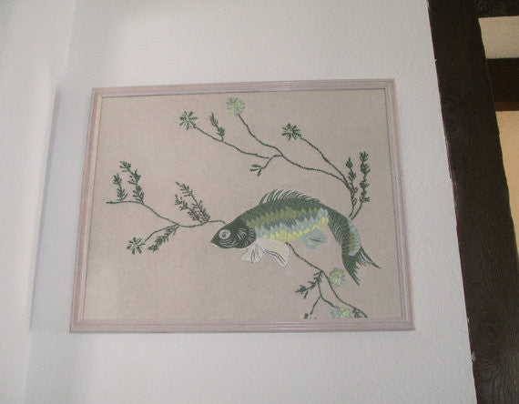 Wall Art "Delicious Fishes" Framed Sweater Art Recycled Clothing Sushi Bar Decor Man Cave Office Den Sparkling Seaweed 16" x 20" Picture OOAK