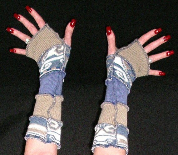 Arm Warmers "Desert Mirage" Armwarmers Fingerless Gloves Hippie Patchwork Warmies Cool Water Blue Sand Beige Recycled Sweaters