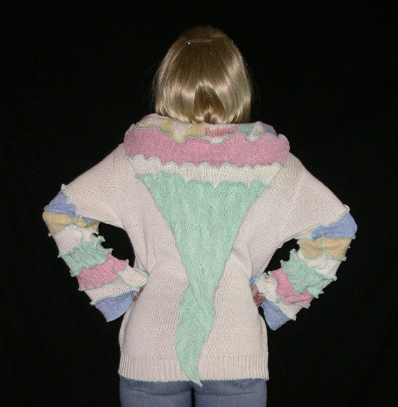 Elf Hoodie "Fish Bowl" Size Large White With Pastels Pink Blue Aqua Seafoam Pale Blue And Yellow Pixie Pullover Fairy Jumper Recycled Sweaters