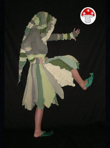 Elf Coat "Forest Fairy" Size Small Pixie Flower Petal Green Leaves Nature Fae Recycled Repurposed Sweater Art Hooded Long Jacket