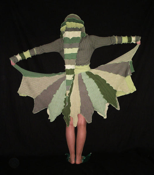 Elf Coat "Forest Fairy" Size Small Pixie Flower Petal Green Leaves Nature Fae Recycled Repurposed Sweater Art Hooded Long Jacket