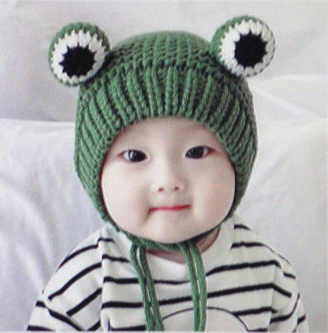 Hand Knitted Frog Childrens Beanie Green Stocking Cap Eyes On Top Cute Funny 1-3 Years Old