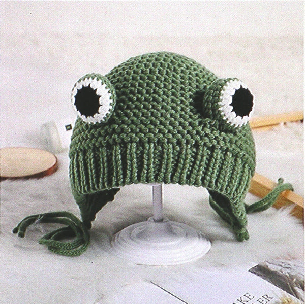 Hand Knitted Frog Childrens Beanie Green Stocking Cap Eyes On Top Cute Funny 1-3 Years Old