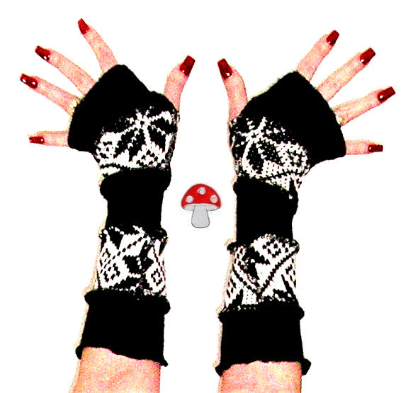 Arm Warmers "Midnight Snow" Black And White Recycled Snowflake Sweaters Patchwork Thumb Holes Fingerless Texting Gloves