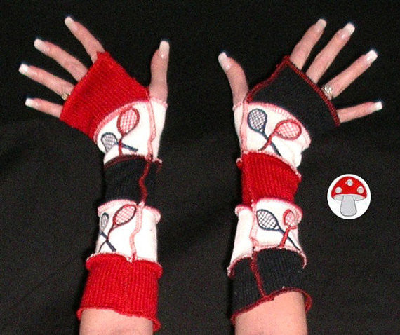 Arm Warmers "Tennis Anyone?" Fingerless Gloves American British Red White Blue Raquet Ball Players Warm Warmies Patchwork Recycled Sweaters