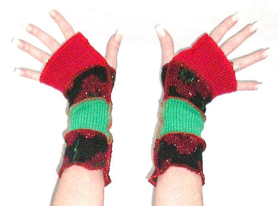 Arm Warmers "Ugly Christmas Sweater" Fingerless Gloves Red Amaryllis Sparkle Glitter Flowers Red And Green Xmas