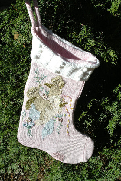 Victorian Christmas Stocking Light Pink Gold Angel Recycled Repurposed Sweater Art White Snowballs Fireplace Mantle Decoration