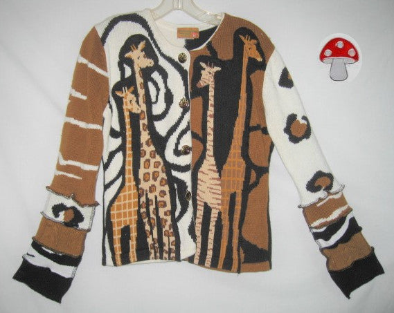 Wild About Giraffes Cardigan Size Medium / Large Animal Print Patchwork Recycled Sweater Wearable Art Leopard Spots Zebra Stripes