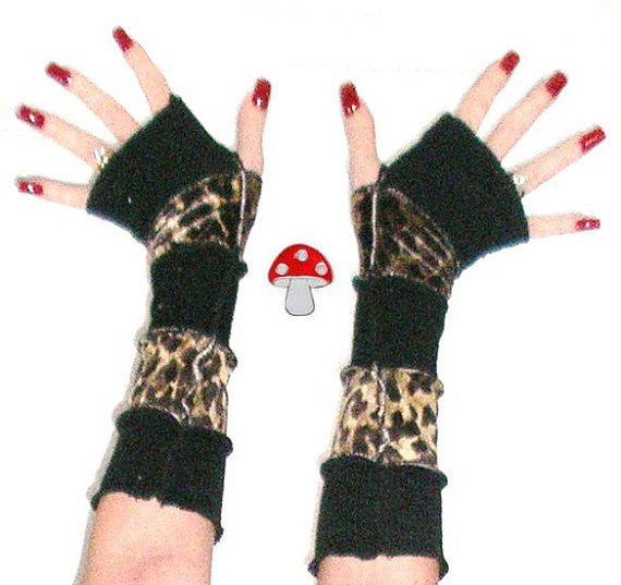 Arm Warmers "Wild Thing" Fingerless Gloves Meow Hiss! Reeer Leopard Black Sweater Warmies Patchwork Animal Print Sleeves Kittens Mittens
